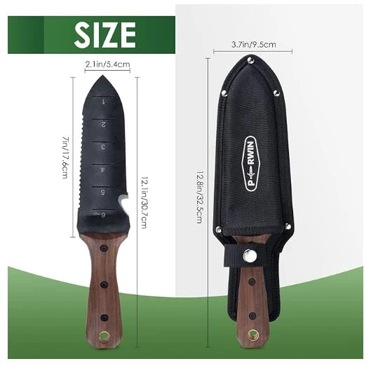 A diagram labeled "SIZE" shows a hori hori knife and its sheath against a light green and white background. On the left is the tool, described as 12.1 inches (30.7 cm) long and 2.1 inches (5.4 cm) wide, with a 7-inch (17.6 cm) blade. On the right is the tool in its sheath, measuring 12.8 inches (32.5 cm) long and 3.7 inches (9.5 cm) wide