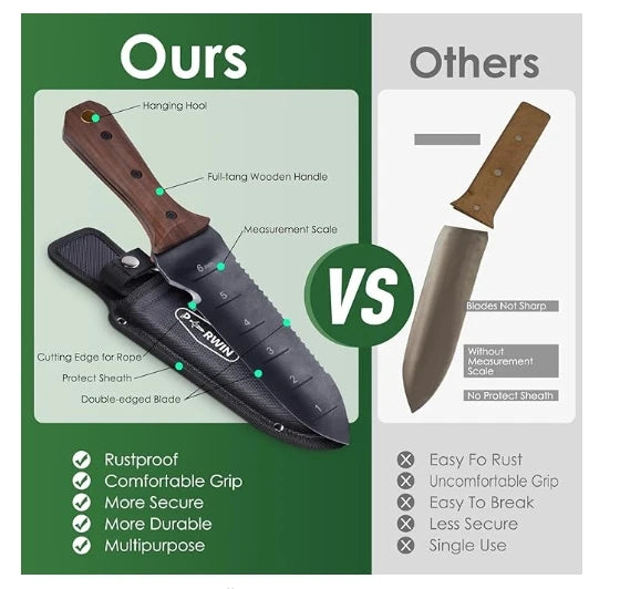 This image compares two gardening knives, "Ours" on the left, and "Others" on the right. "Ours" is a green and black japanese gardening knife hori hori with a brown wooden handle and a black sheath, featuring a hanging hook, measurement scale, and rope cutting edge. It's labeled as rustproof, comfortable, secure, durable, and multipurpose. In contrast, "Others" is a simpler brown tool without these features, described as rusty, uncomfortable, fragile, insecure, and single-use.