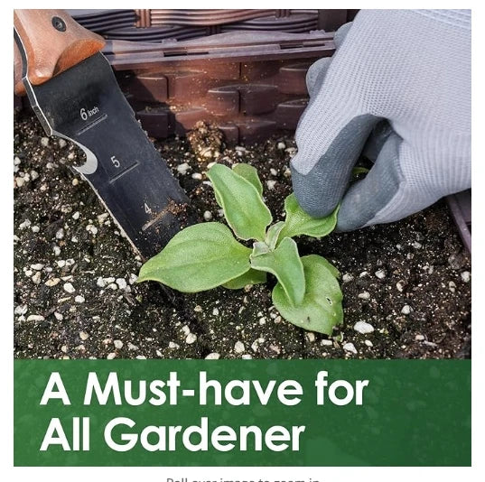 A gloved hand using a landscaping knife to plant a small green seedling in dark soil, with the text "A Must-have for All Gardener" in a green box