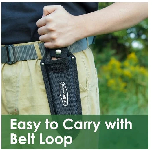 A close-up shot focuses on a person's midsection, showing them wearing a black pruning knife sheath attached to a light-colored, patterned belt. The text "Easy to Carry with Belt Loop" is superimposed on a green box at the bottom of the image.