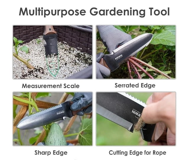 This is a four-panel image showcasing a multipurpose japanese gardening knife. The top left shows the tool digging in soil, labeled "Measurement Scale." The top right shows it cutting plant stems, labeled "Serrated Edge." The bottom left displays it near a vegetable, labeled "Sharp Edge," and the bottom right shows it cutting rope, labeled "Cutting Edge for Rope." The image highlights the tool's versatility for various gardening tasks.