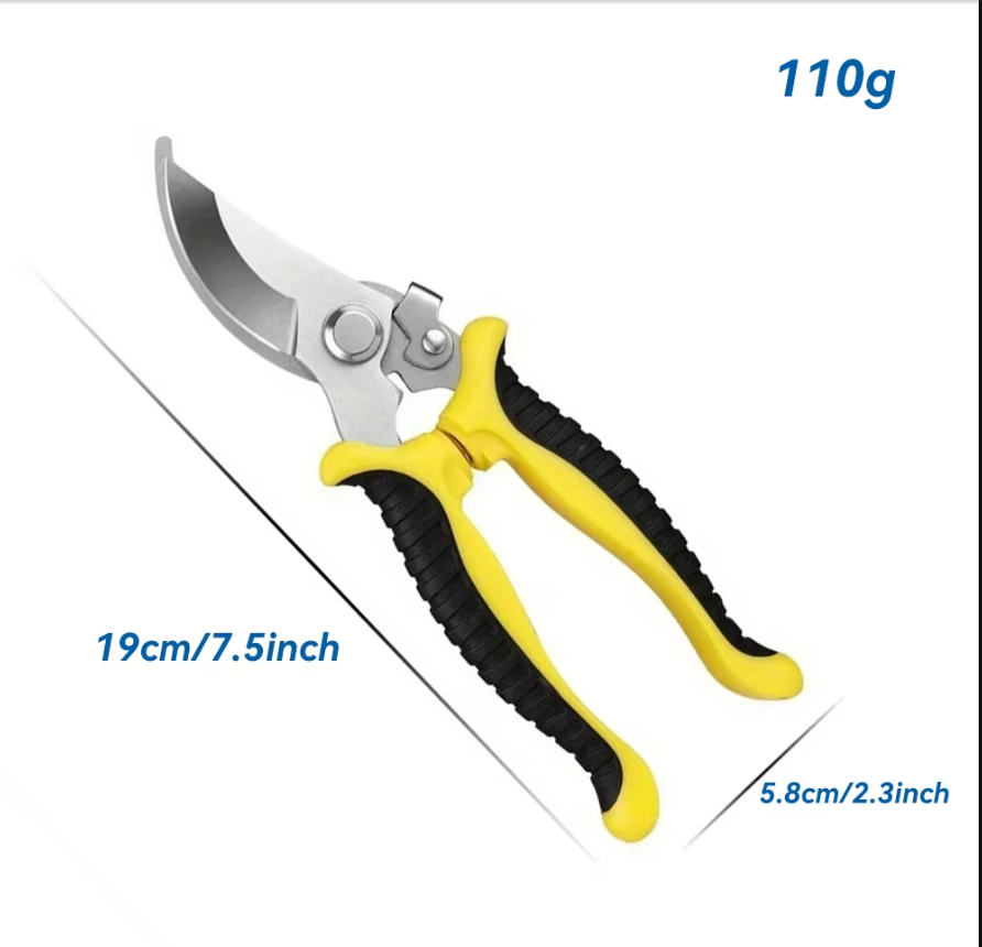 A yellow and black handled bypass pruning shears lies open against a white background. The pruner have a curved, beak-like blade and measure 19cm (7.5 inches) in length. The shears weigh 110g