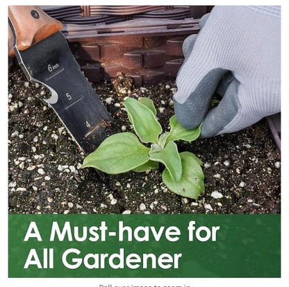 A gloved hand using a landscaping knife to plant a small green seedling in dark soil, with the text "A Must-have for All Gardener" in a green box