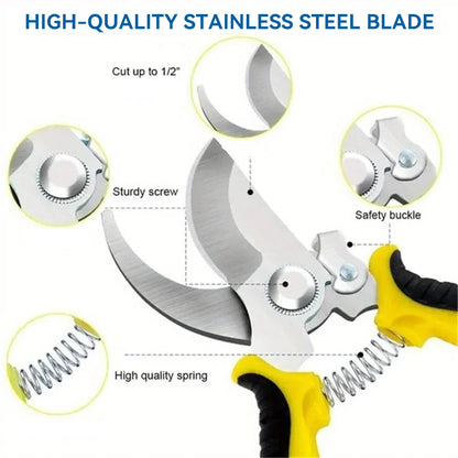 A detailed close-up of a pair of yellow and black gardening shears.  The stainless steel blades are slightly open, showing a cutting capacity of up to 1/2 inch.  A sturdy screw is visible at the pivot point of the blades.  The handles are ergonomically designed with a textured grip.  A safety buckle is located at the base of the handles, allowing the shears to be locked closed when not in use.  Two high-quality springs are positioned between the handles, providing tension and assisting with opening the blad