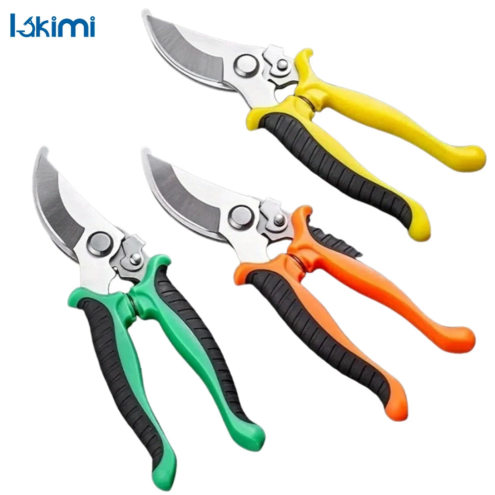 Three stainless steel pruning shears displayed against a white background each features a different colored handle: yellow, green, and orange mix with black.