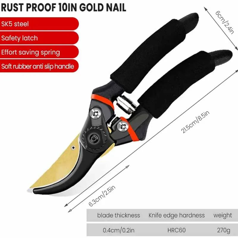 A black red and gold pruning shear with an orange accent near the pivot point. The garden shear have a safety latch and black grips with a textured pattern

specifications shown in the image: 

Specifications:

Rustproof 10 inch gold nail
SK5 steel blade
Safety latch
Effort-saving spring
Soft rubber anti-slip handle
Blade thickness: 0.4cm/0.2in
Knife edge hardness: HRC60
Weight: 270g
Overall length: 21.5cm/8.5in
Blade length: 6.3cm/2.5in
Handle length: 6cm/2.4in