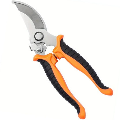 orange and black handle pruning shears laying diagonally on white background

