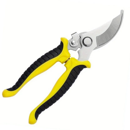 yellow and black handle pruner shears laying diagonally on white background