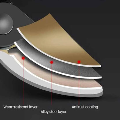 A close-up cross-section diagram of the pruning shears' blade, revealing its layered construction. The outermost layer is a gold-colored wear-resistant coating, followed by a grey alloy steel layer, and finally a light-colored anti-rust coating.  Red dots and lines indicate each layer with corresponding labels: "Wear-resistant layer," "Alloy steel layer," and "Antirust coating.